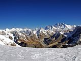 
The view from Mera Peak is one of the best in the world with five of the world's six highest mountains visible. From the west, the view included Kangtega, Cho Oyu (#6), Gyachung Kang, Pumori, Malanphulan, Ama Dablam, Nuptse, Everest (#1), Lhotse (#4), Lhotse Middle and Lhotse Shar, Peak 38, Shartse, Peak 41, and Baruntse.

